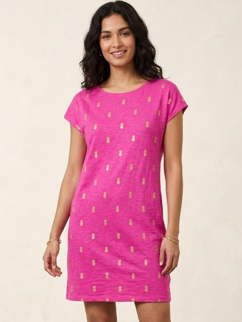 Boden Paulina Pink Gold Metallic Pineapple Jersey Cotton Shift Dress 2R Like New